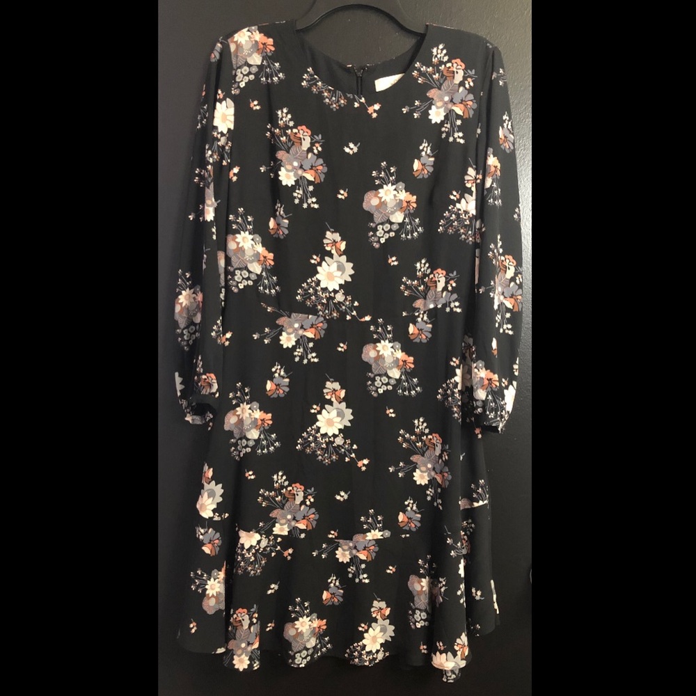 LOFT Black Floral Long-Sleeve Midi Dress